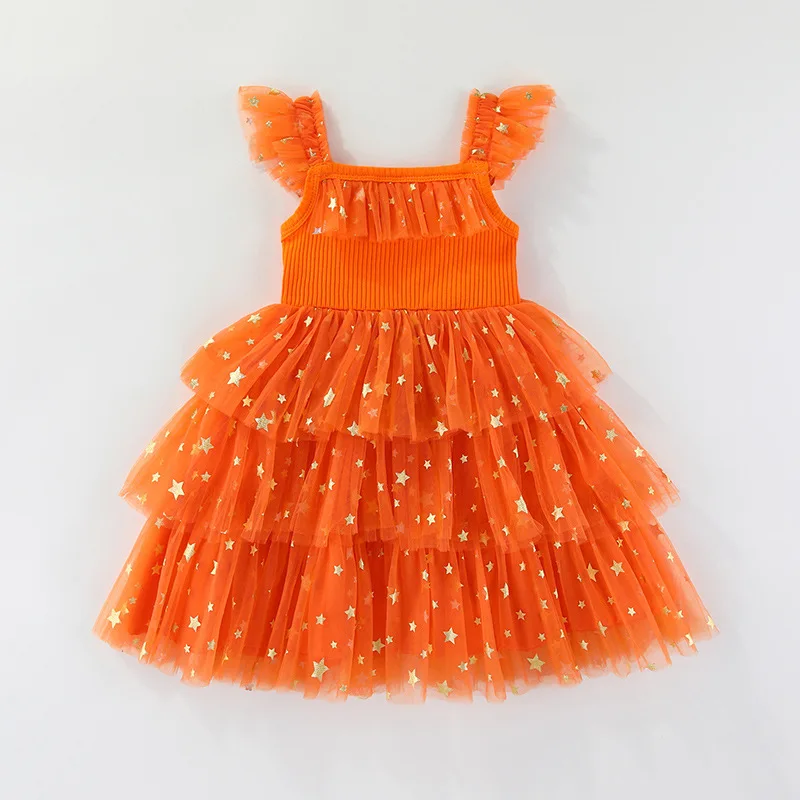 Children's Easter dress, girls' flutter-sleeve dress, bunny carrot doll tulle dress