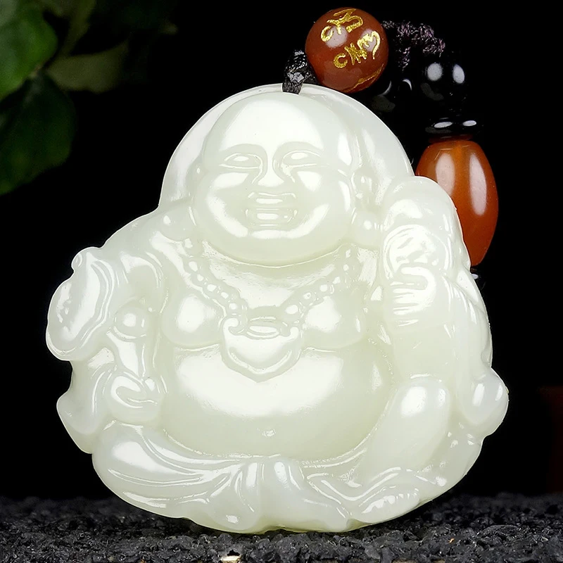 Laughing , Exquisitely Carved Hotan Jade Ruyi Money Buddha Pendant