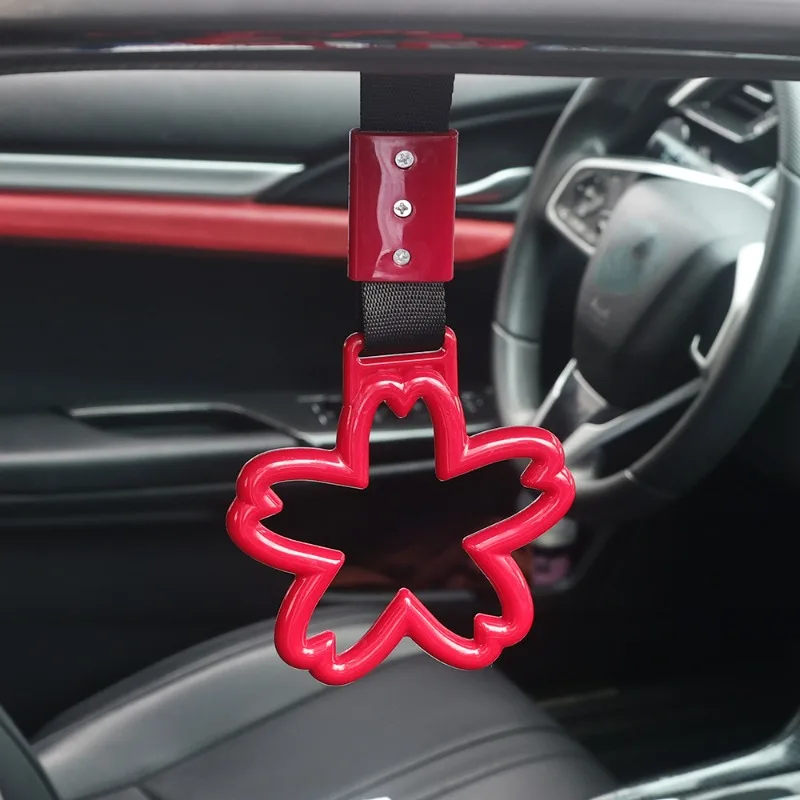 JDM Cherry Blossom Hanging Ring Car Tow Strap Pull Ring Static Belt Decorative Warning Ring Auto Rear Bumper Exterior Pendants