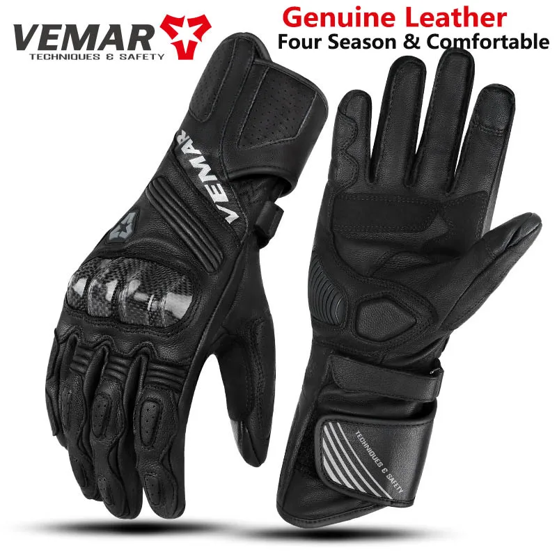 VEMAR Four Season Comfortable Genuine Leather Sheepskin Carbon Fiber Motorcycle Racing Gloves Black/Red/Fluorescent Green