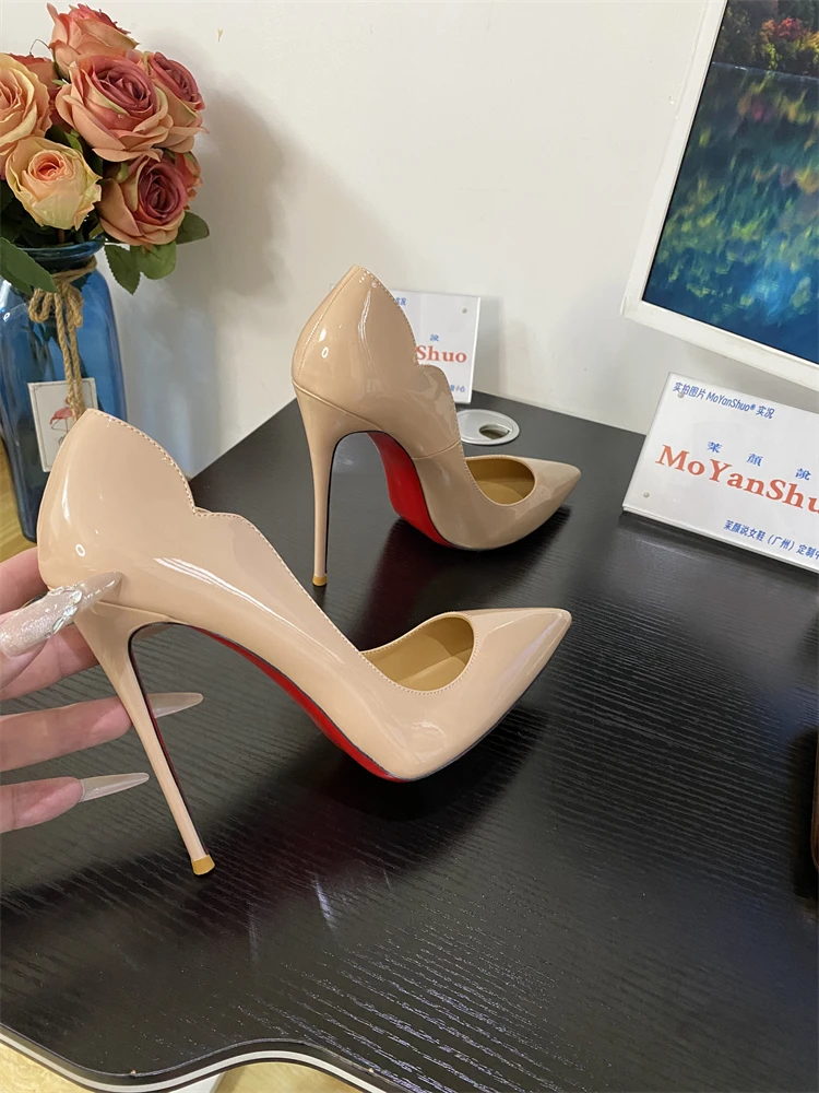 2024 new sexy pointed 12cm temperament red sole nude high heels women's slim heels shallow mouth plus size women's shoes