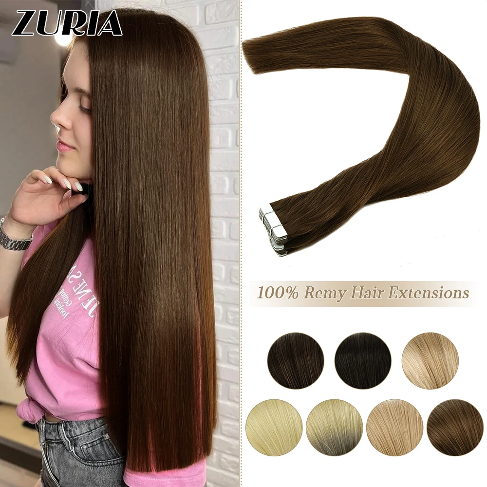 

ZURIA 24'' Flat Head Tape in Human Hair Extensions 100% Natural Remy Balayage Hairpiece Adhesive Women Long Straight Wigs 10PCS