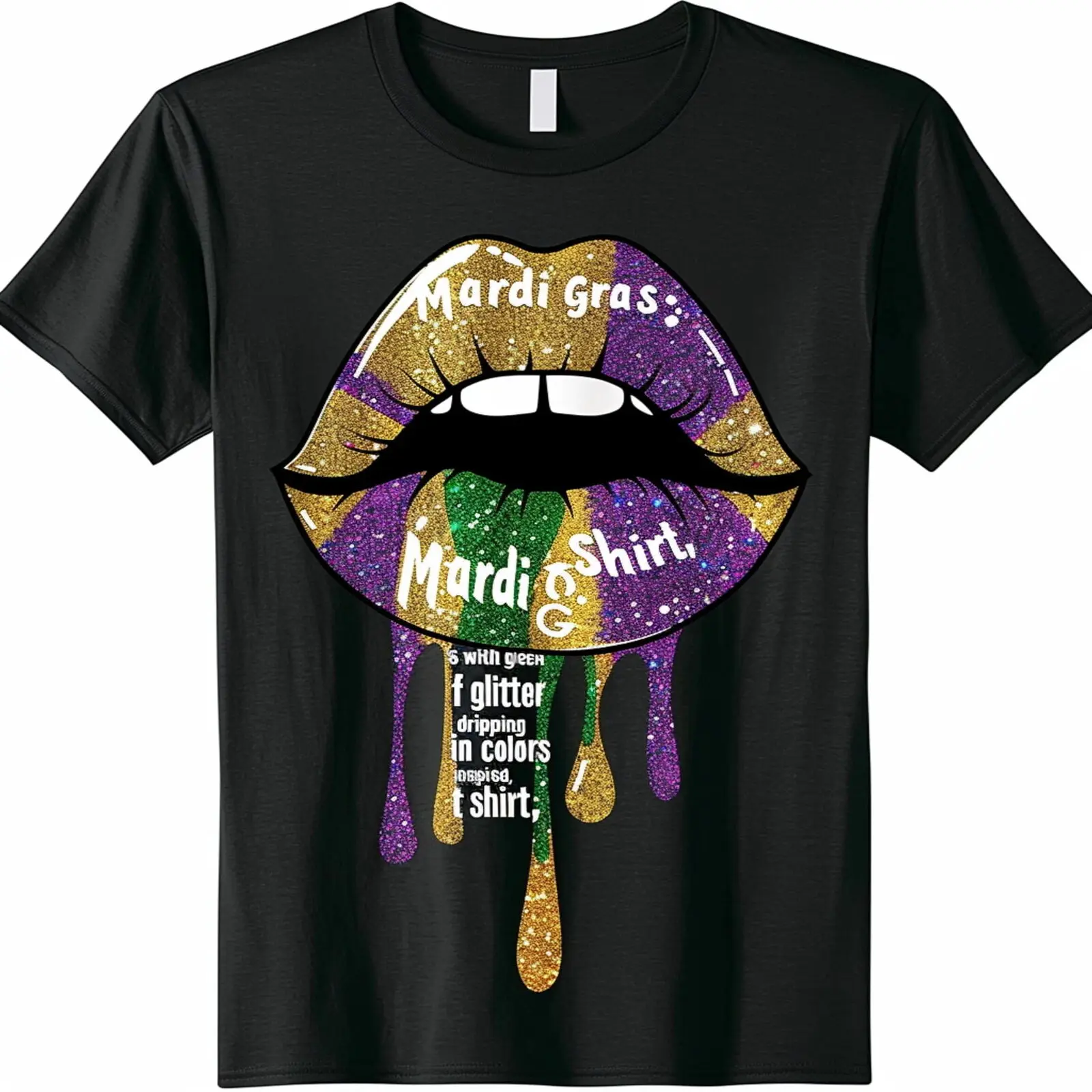 

Stand Out in Style with Our Glittery Lips Design Black TShirt for Mardi Gras Fun