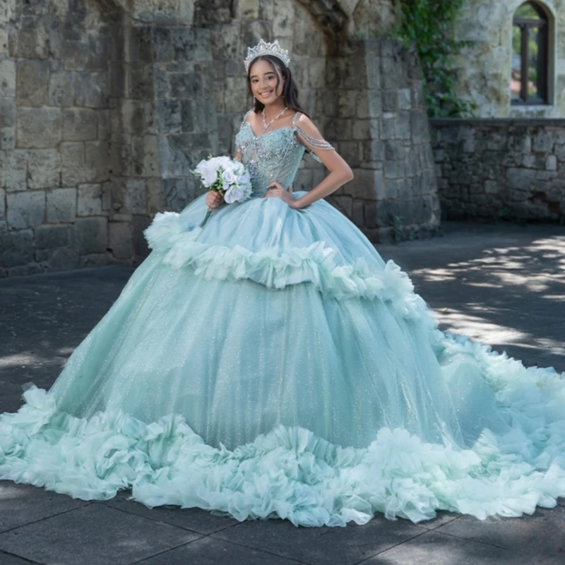 

Мятно-зеленое блестящее платье принцессы Sweet 16, платье Quinceanera, многоуровневое тюлевое платье с бусинами для вечеринки, дня рождения, Vestido De 15 Anos, бальное платье