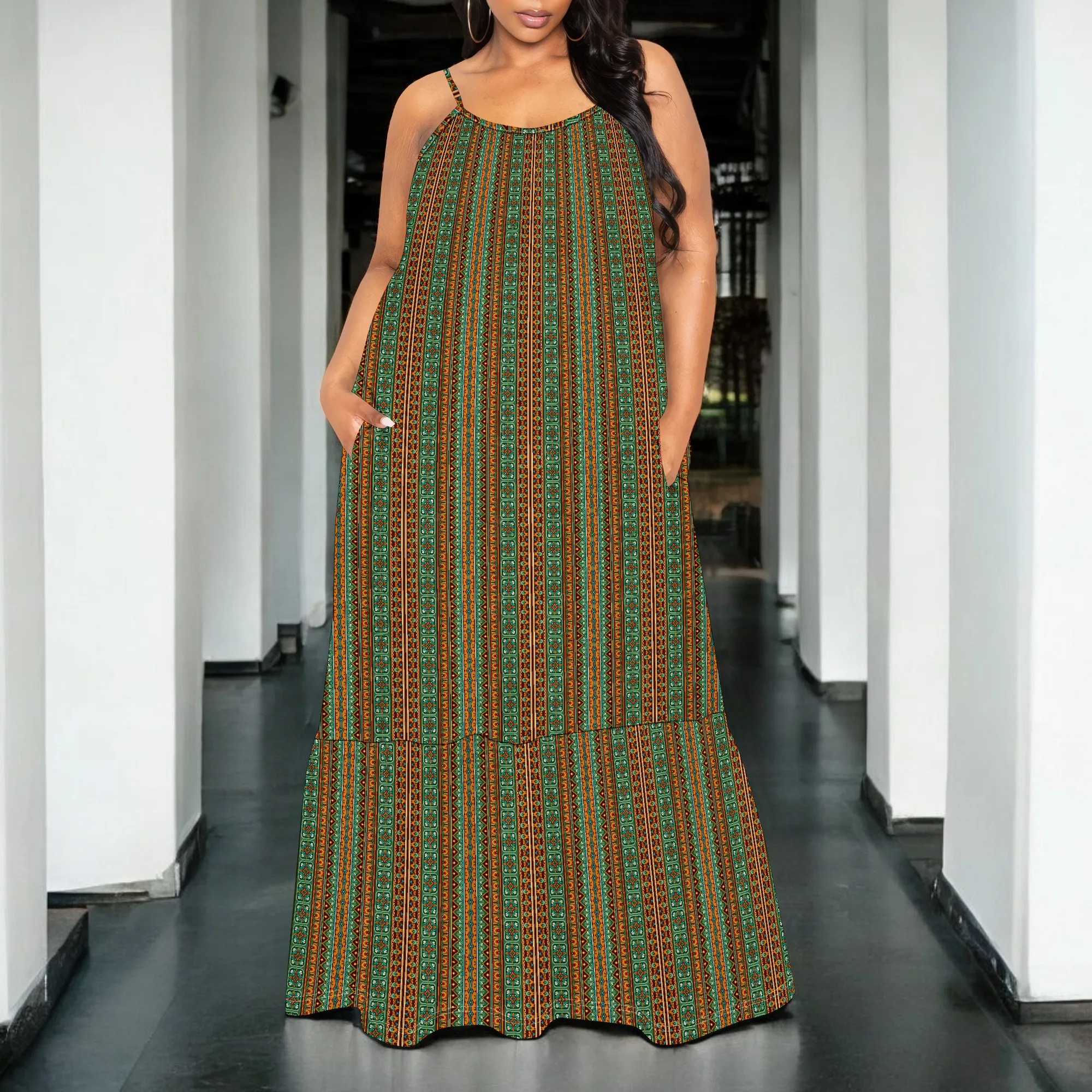 

Women's African Tribal Maxi Dress Spaghetti Strap Kente Print Flowy Summer Kwanzaa Black History Month Outfit S-3XL