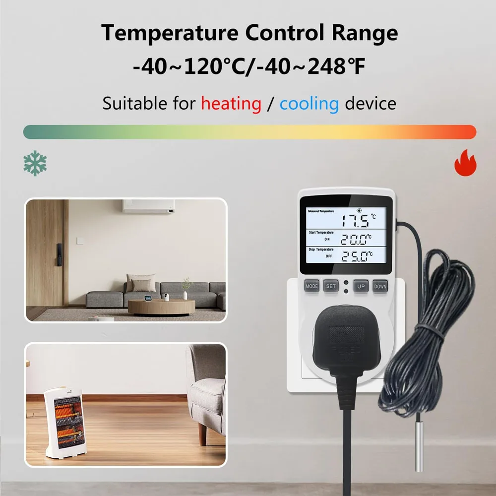 220V Digital Thermostat Socket EU/US/UK Plug Temperature Controller Timer Switch Cooling Heating Control 5 Mode Timing Socket