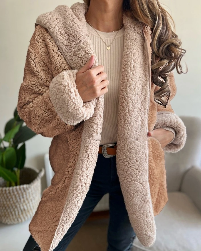 Elegant Colorblock Open Front Pocket Design Hooded Reversible Fleece Teddy Coat 2025 Autumn Winter Spring New Fashion Casual