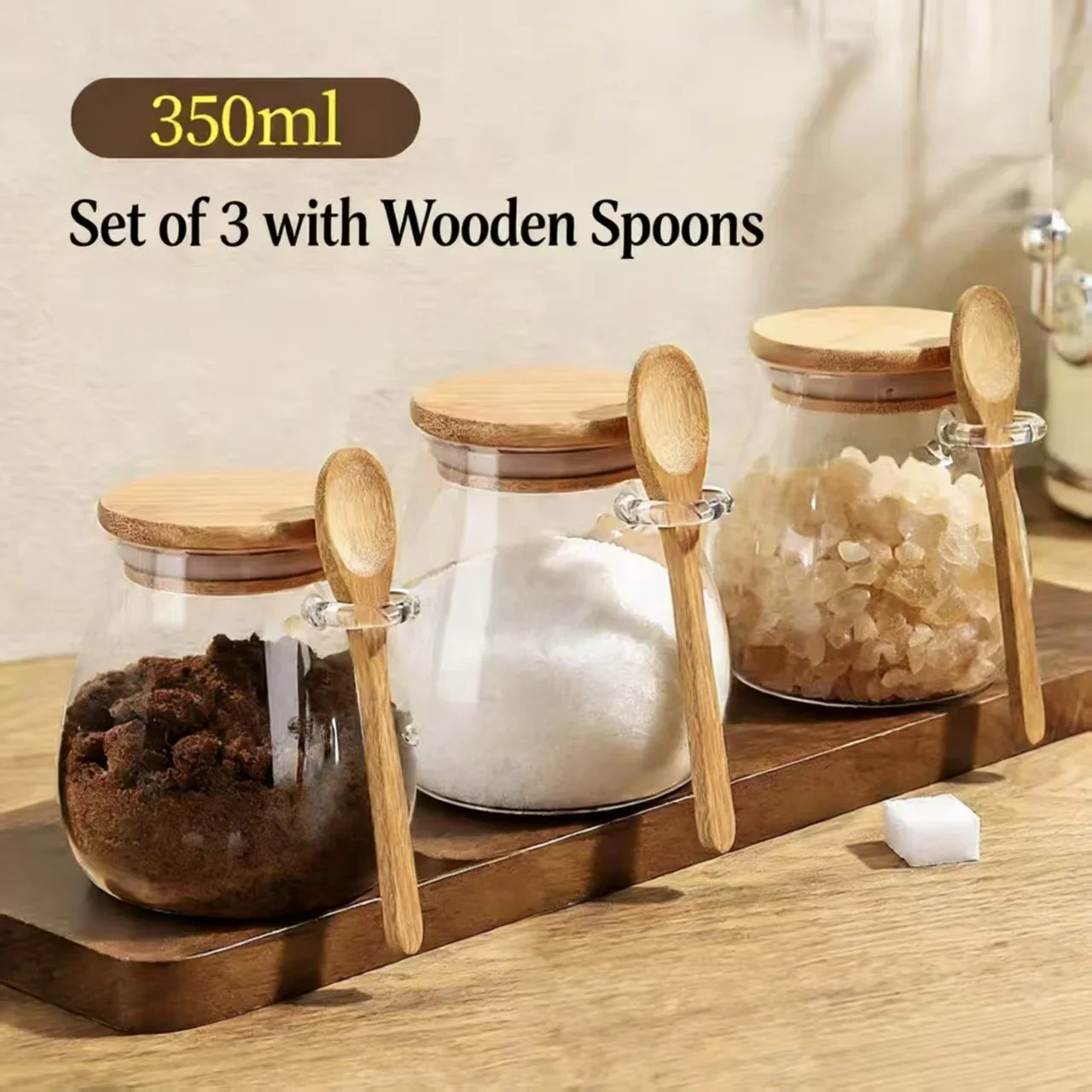 Glass Jar with Airtight Wooden Lid and Spoon Attached, Glass Food Storage Canister for Kitchen Countertop Pantry, Set of 3