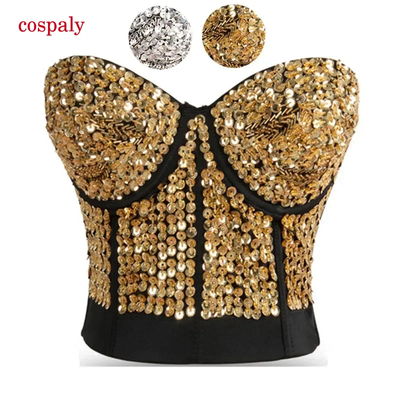 A Striking Gold Sequin & Beading Studded Belly Dance Bra Top Sexy Busier Underwear Women Bra Push Up Bralette Punk Rock Brassier