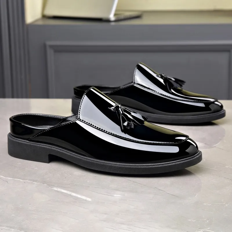 Men Black Patent Leather Mules Tassel Decor Slip on Loafers Thick Sole Half Slippers Formal Casual Footwear for Party Daily Wear