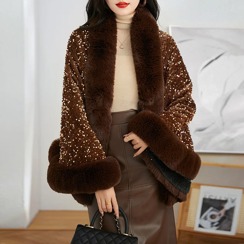 

Autumn Winter Women Stylish Sequined Short Cape Cloak Poncho Coat Female Faux Fur Poncho Warm Ladies Jackets Cloak Coats