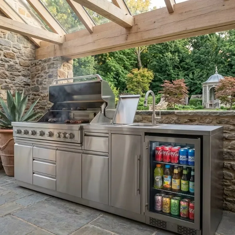 CUSTOMIZED Wholesale SS304 Modular Outdoor Kitchen Cabinet With Sink Cool Colors Garden Outdoor Kitchen BBQ Island For Backyard