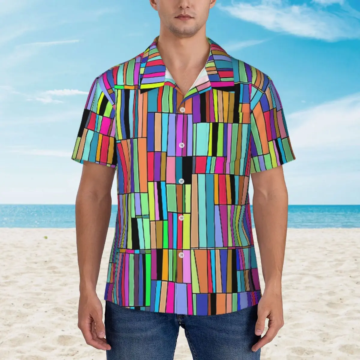 Hawaii Shirt Beach Colorblock Blouses Abstract bookshelf Vintage Casual Shirts Male Short-Sleeve Street Style Top