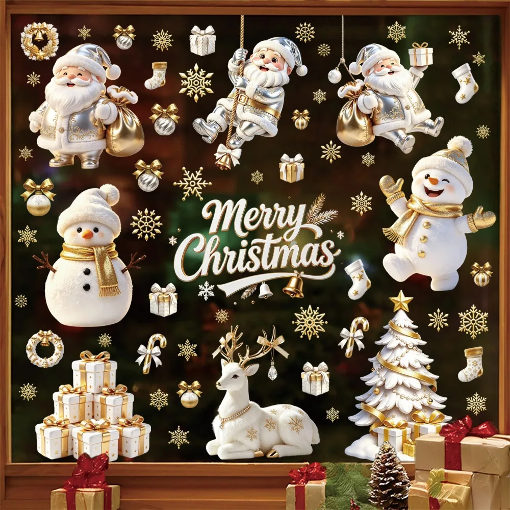 3D Christmas Stickers Platinum Santa Claus Snowman Window Bell Christmas Tree Glass Decorations Window Stickers