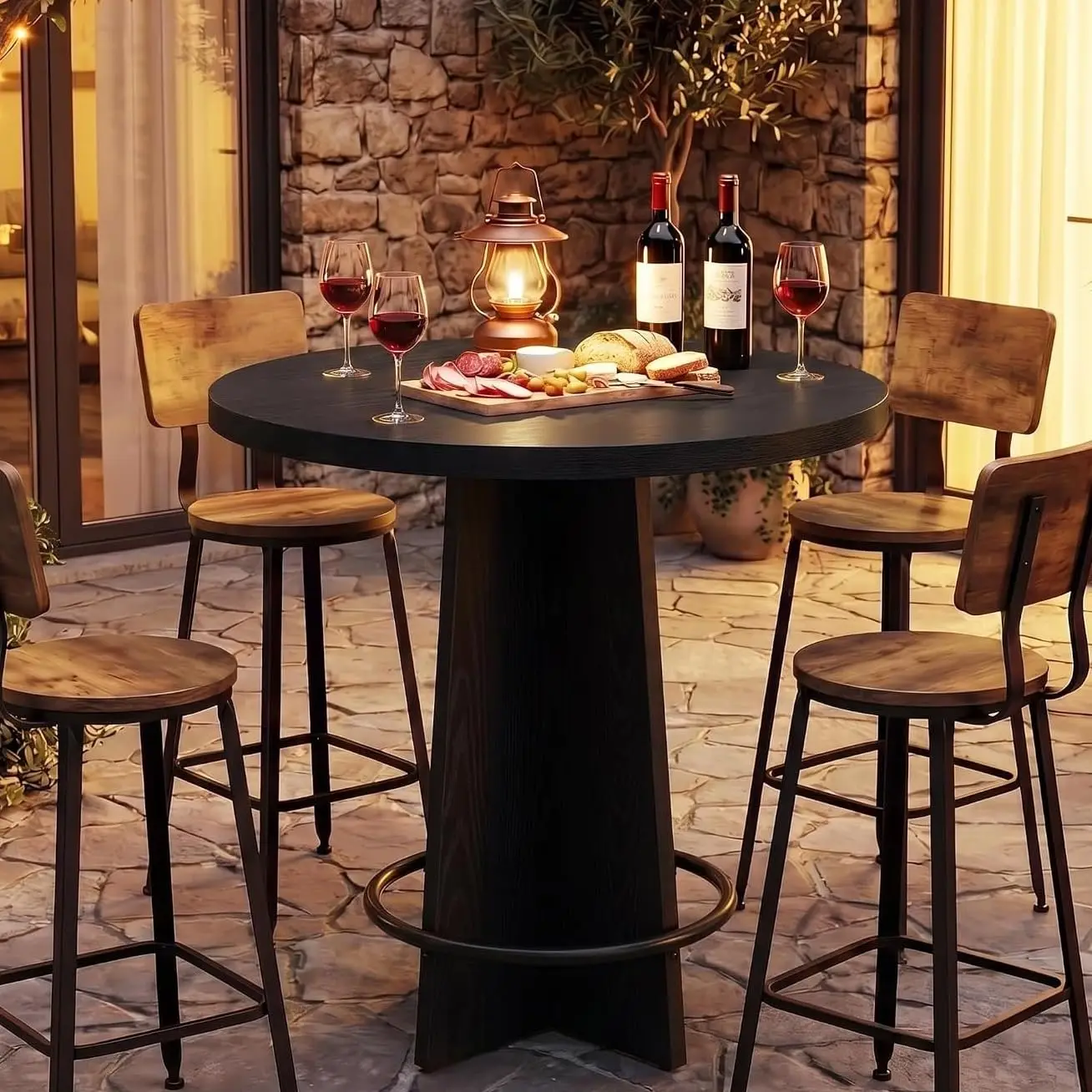 Round Bar Table The pub table features a warm brown wood grain circular tabletop and a unique cross shaped wooden base