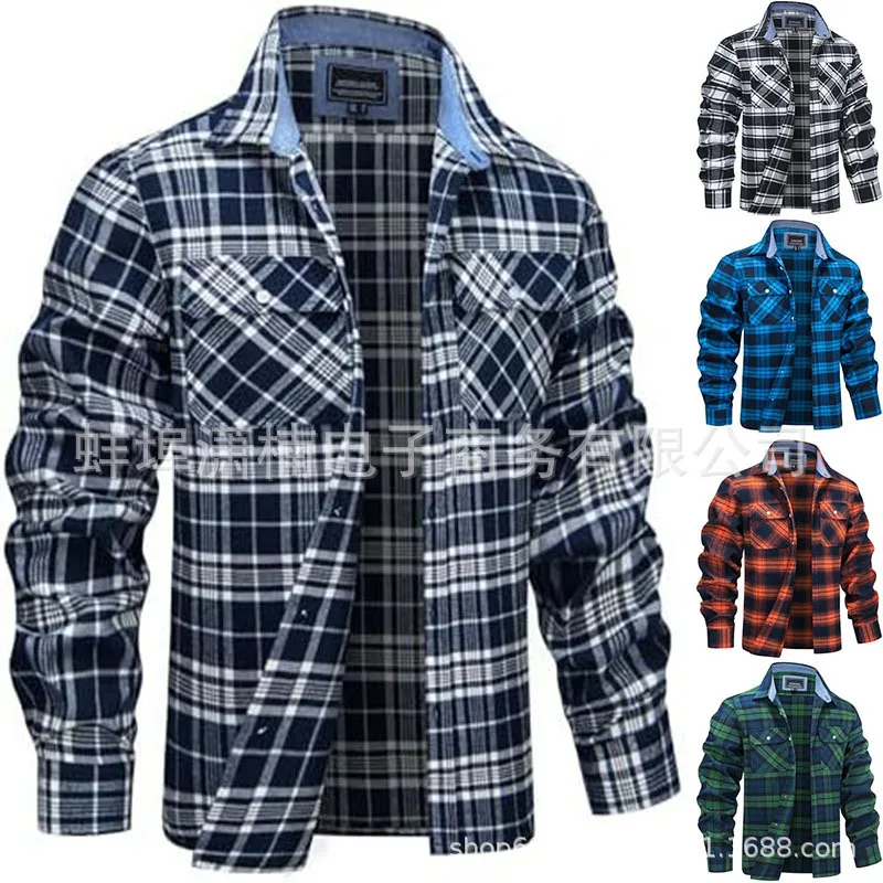 Men's Long Sleeve Plaid Shirt Men's Button Double Pocket Long Sleeve Lapel Shirt
