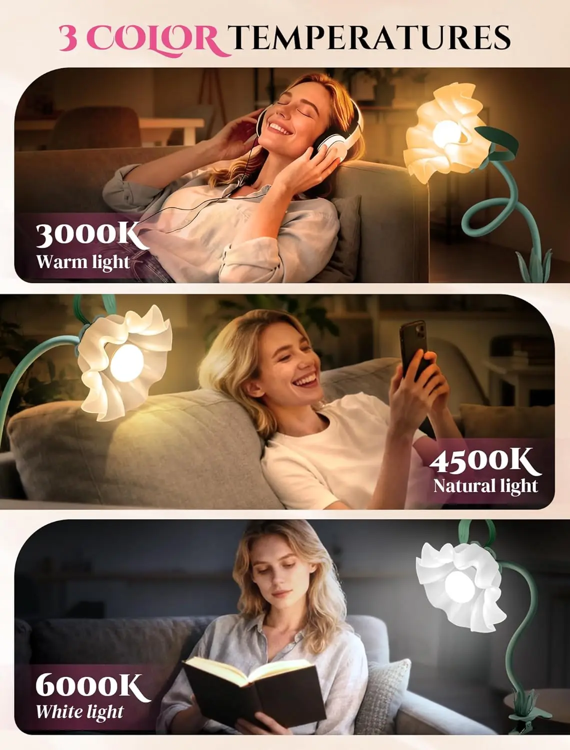 Lampe de bureau à clipser avec 3 modes de couleur, lampe de lecture flexible à col de cygne pour lit, table, crèche - Vert