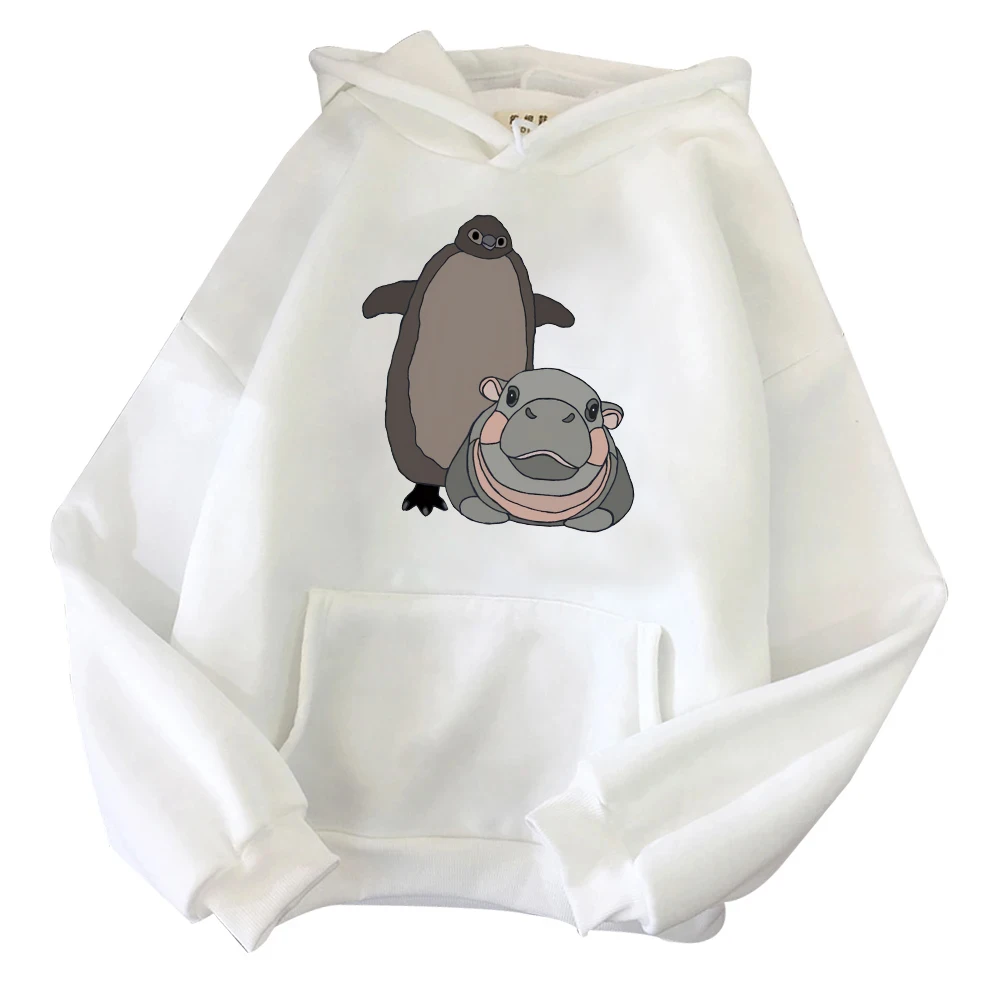 Pesto Penguin Moo Deng Hippo Sweatshirts Women Autumn Loose Clothes Cartoon Graphic Hoodie Kawaii Hoody Ovesized Casual Tops