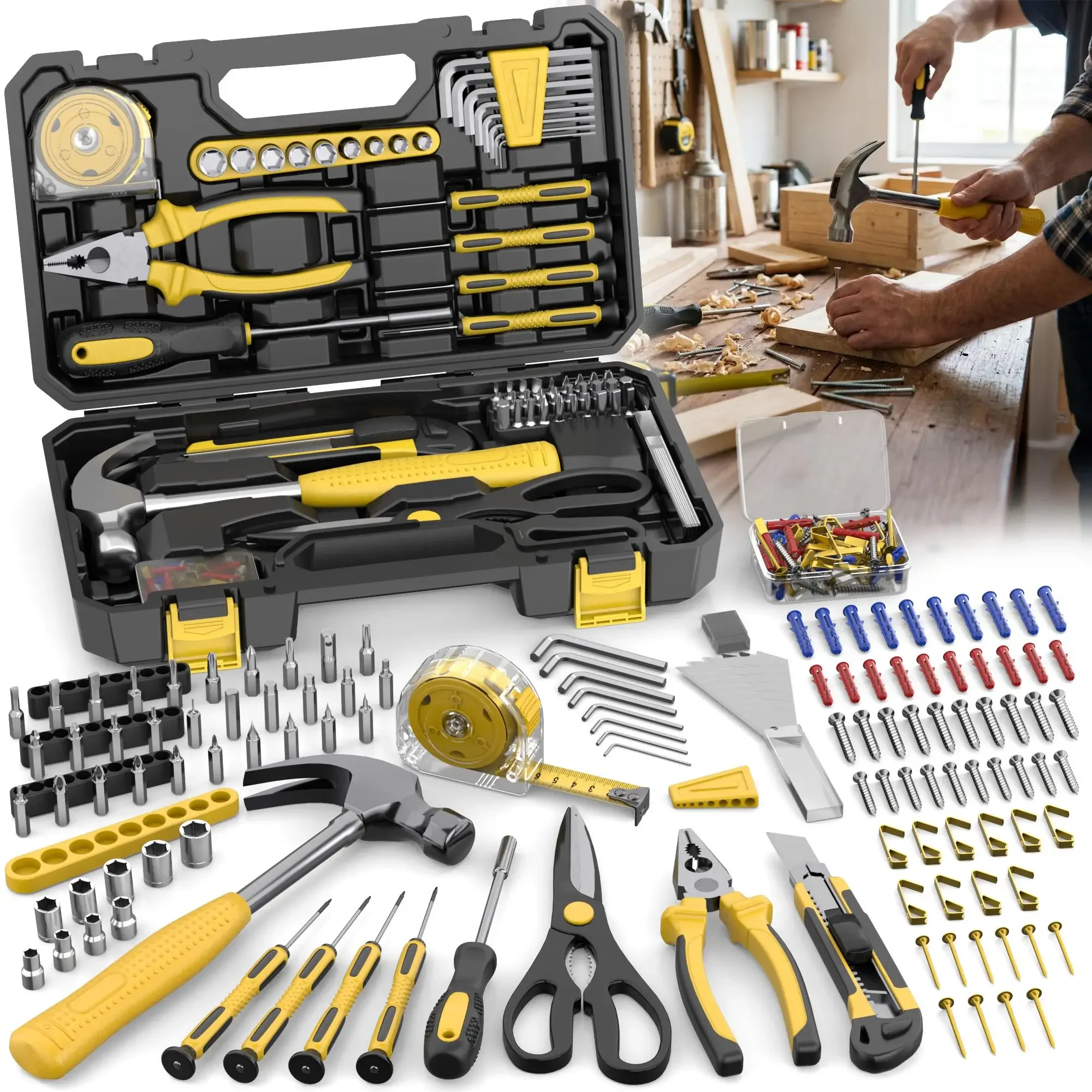 122Pcs Household Hand Tool Set with Storage Case General Home Repair Kit Precision Screwdriver Hammer Pliers Hex Wrench Utility Knife Scissors Tape Measure Hardware Gadgets for DIY Maintenance Garage Workshop