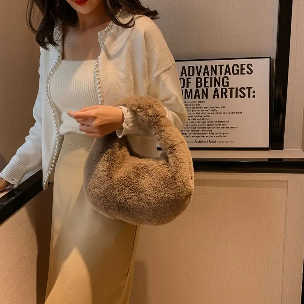 Solid Color Plush Dumpling Bag Korean Style Niche Design Faux Rabbit Fur Handbag Tote Bag Handbag Small Phone Bag Outdoor