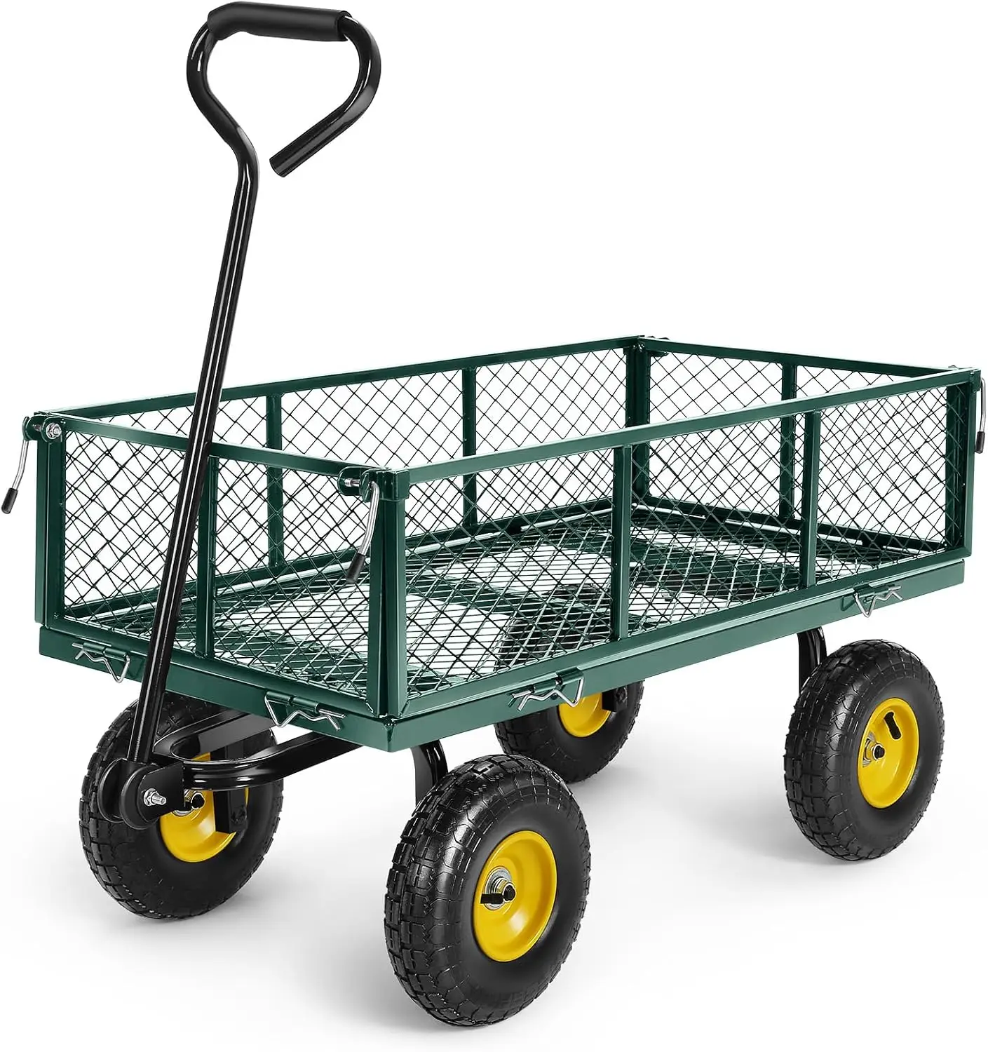 Garden Cart with Removable Mesh Sides to Convert into Flatbed, Utility Metal Wagon with 180° Rotating Handle, 10 inch Tires, Por