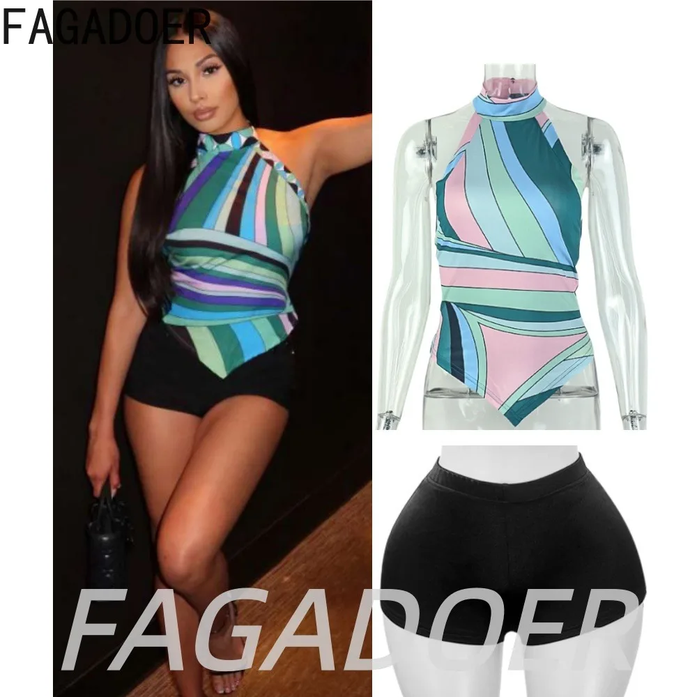 FAGADOER Fashion Multicolor Diagonal Print Two Piece Sets Sexy Irregular Off Shoulder Corset Halter Top and Bodycon Shorts Suits