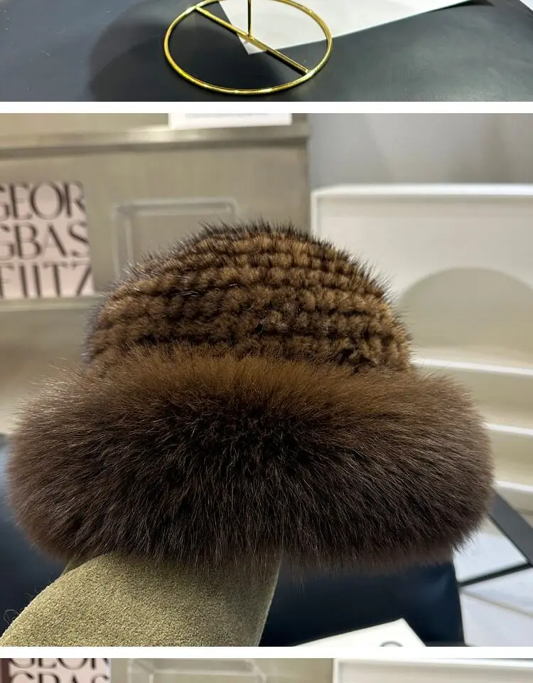 Russischer Stil Echter Nerzfell-Bucket-Hut für Damen Eleganter Natürlicher Fuchsfellbesatz Gestrickte Mütze Warme Wintermode Cloche-Kappe – Detail 19