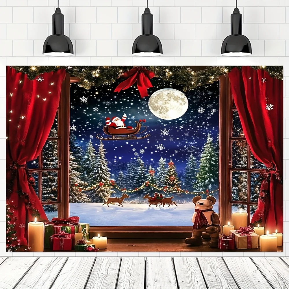 Christmas Winter Wonderland Tapestry, Santa Reindeer Snowy Forest Scene Polyester Photo Backdrop for Holiday Party Decor,