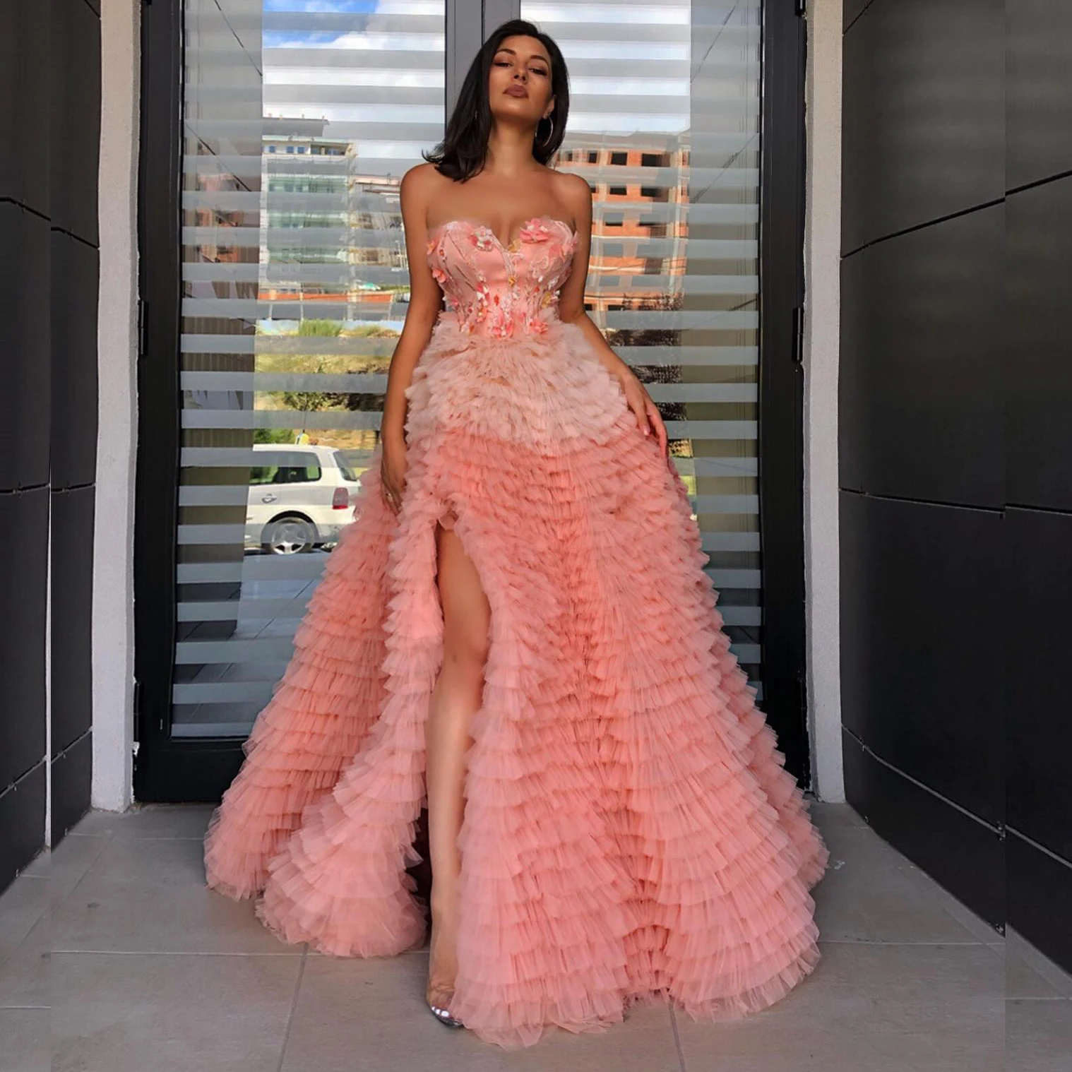 Pretty Peach Mix Color Split Tulle Prom Gowns Fluffy Tiered A-line Mesh Bridal Dresses 3D Flower Long Robe Bridal Dress