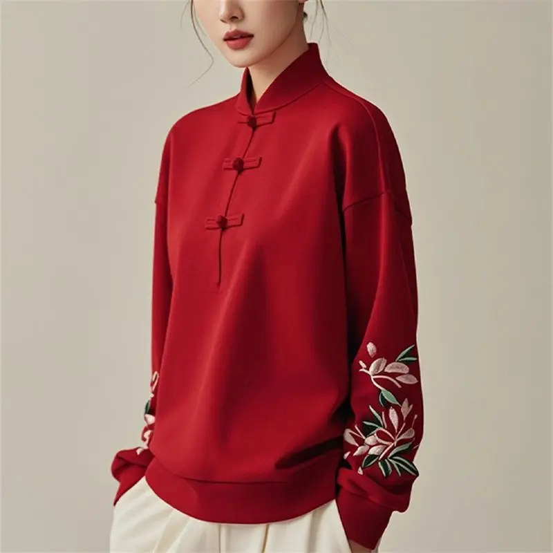 Chinese Style Hoodie Women T Shirt 2025 Spliced Stand Collar Button Embroidery Fashion Solid Color Loose Casual Long Sleeved Top