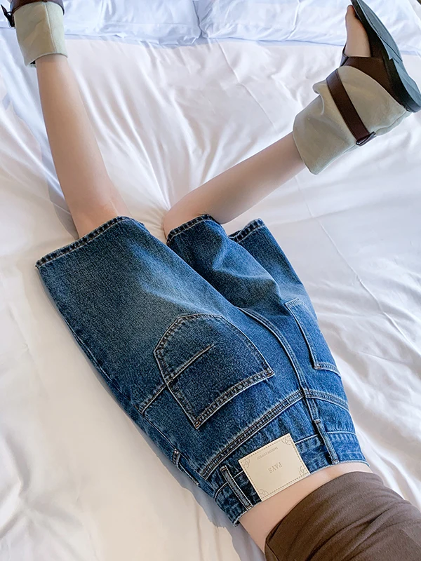 

High Waist Five-Point Denim Shorts Women's Summer Loose Slimming Outerwear American Style Small Size Vintage Cotton Blend