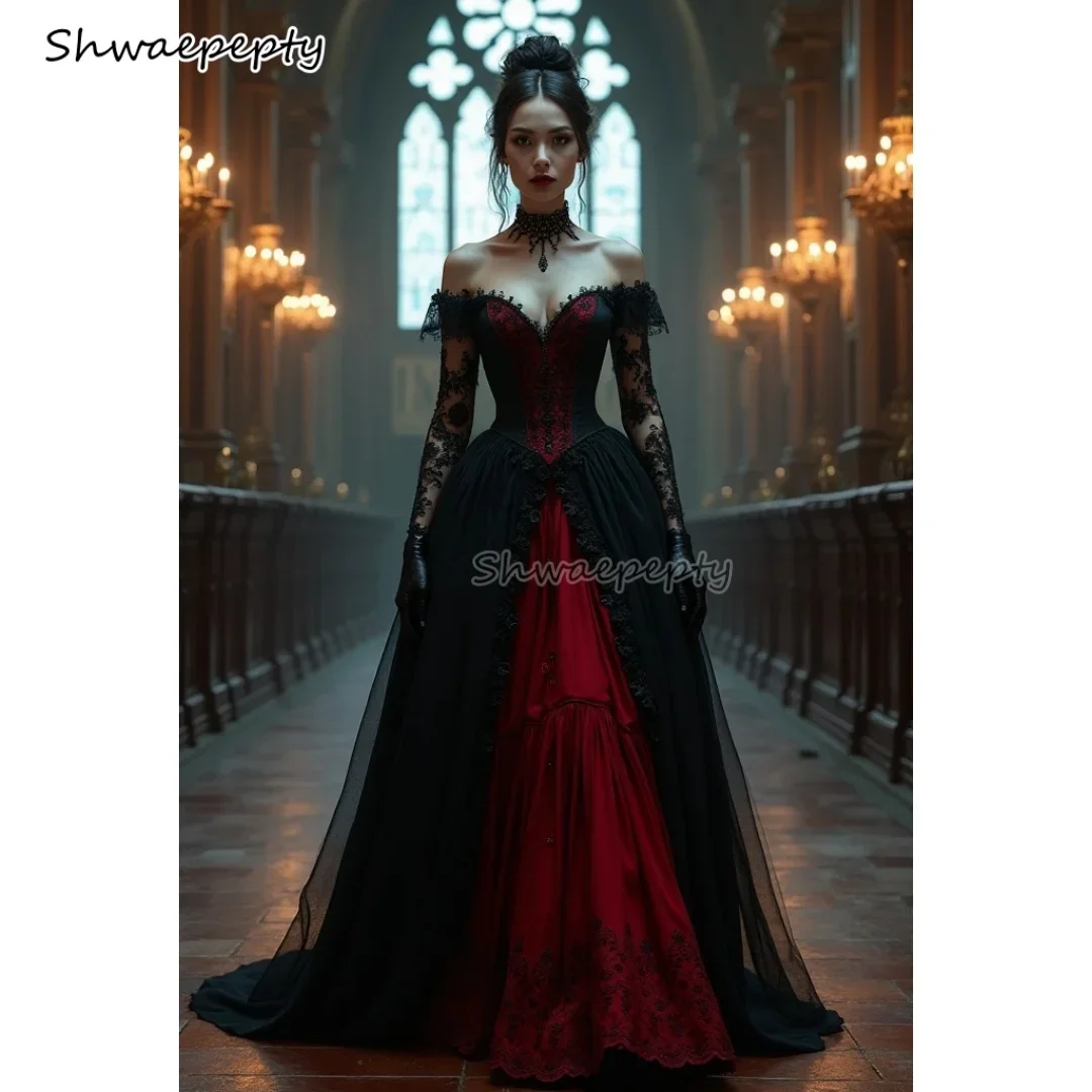 

Gothic Wedding Dress Dark Red Black Long Sleeves A-Line Vintage Lace Applique Pleats Princess Bridal Gown Customized