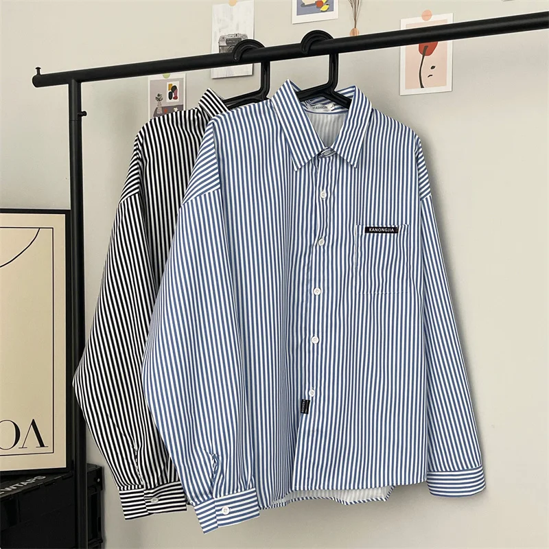 Summer Thin Long Sleeve Striped Casual Shirt Men's Style Spring Autumn Outerwear Couple's Shirt Youth Popular Loose Fit