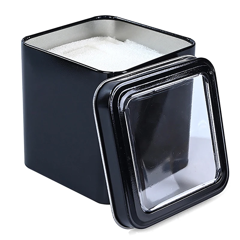 Caja organizadora de reloj cuadrada negra de 8CM, soporte de exhibición, lata de hojalata, caja de regalo de joyería sellada de Metal, vitrina con cojín