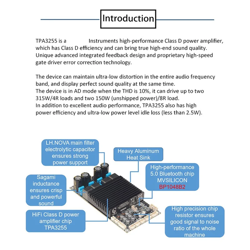 PHILE-BDM9 TPA3255 2X300W Bluetooth Power Amplifier Board BT5.0 Stereo High Power Adjustable Tweeter