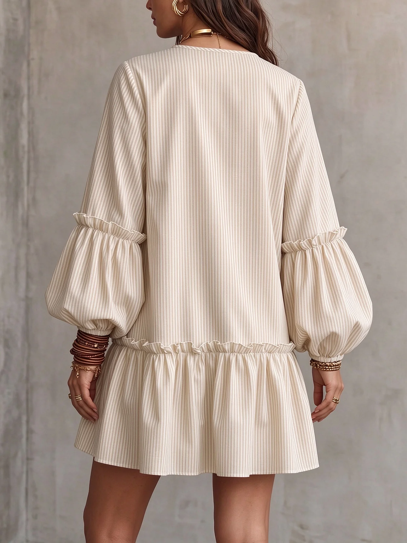 Women's Casual Commuting Dress, Striped V-Neck Puff Long-Sleeve Short Dress, Ruffled Hem Flowing Cover-Up Dress, Casual Vacation Beach Short Dress, Autumn and Spring