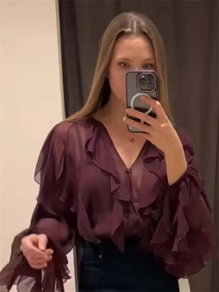

Ruffled V-Neck Fashion Shirts Top Women's Patchwork Tee Bow Lace-Up High Waist Blouse Elegant Autumn 2025 Female Shirts