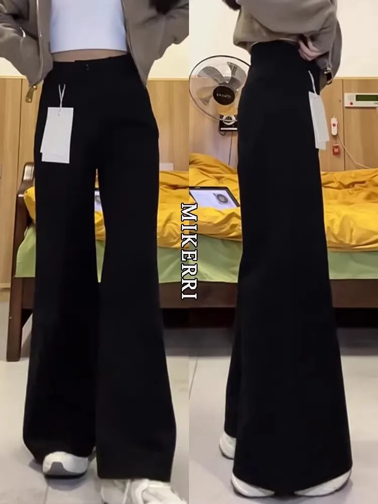 

Black Fleece Lined Wide Leg Jeans Women's Autumn Winter plus Size Loose Slimming for Pear Shaped Body Micro Flared Trousers