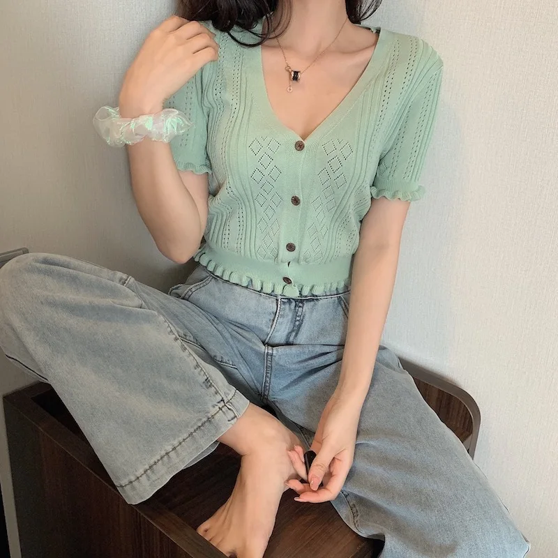 Button Up Frilly Knit Crop Top Short Sleeve Cardigan Tops Summer Women Teen-girl Y2K Aesthetic Outfit