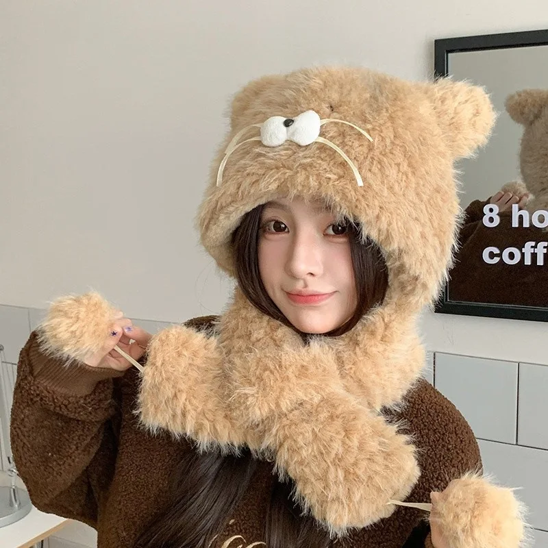 كارتون لطيف هريرة ميمي قبعة الأطفال الشتاء في الهواء الطلق أفخم سميكة هوديي أفخم وشاح دافئ قطعة واحدة قبعة فتاة هدية