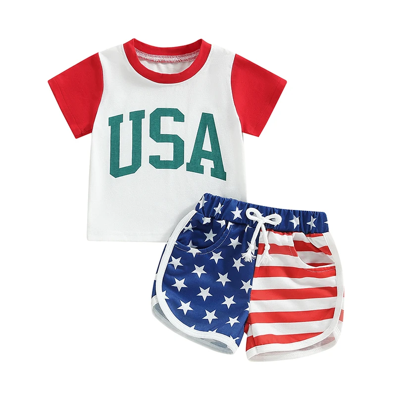 

Baby Boy 4th of July Outfits Short Sleeve Tops Stars and Stripes Print Shorts Set Toddler Clothes