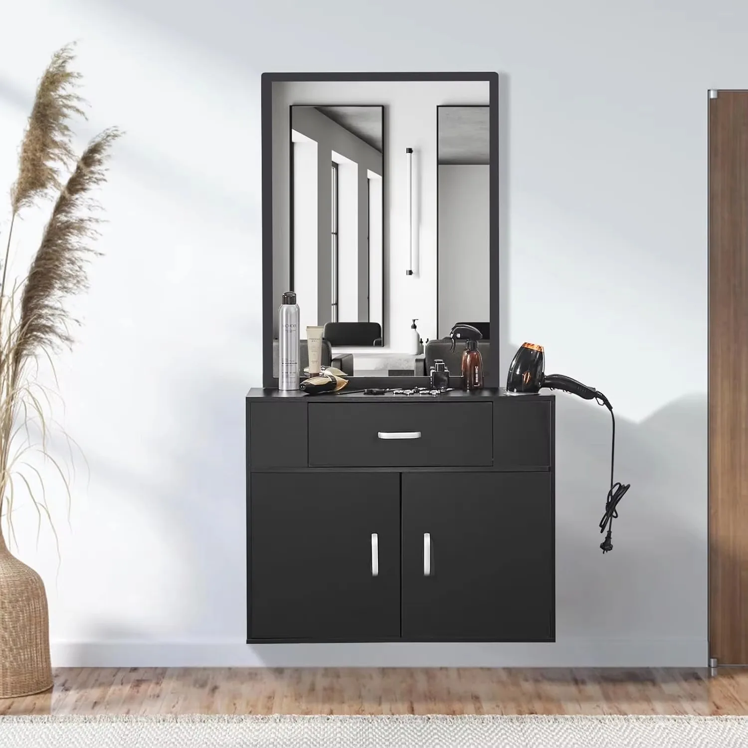 Modern Design Wall Mounted Salon Locker Barber Station with Hairstylist Office Mirror Furniture Set