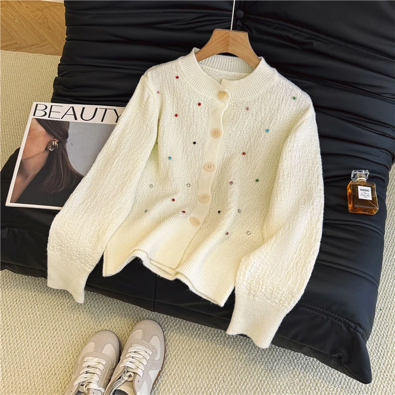 Cárdigan de punto con diamantes coloridos y cuello redondo para mujer, suéter elegante francés suave con una botonadura, prendas de vestir exteriores, Tops sueltos, moda de otoño