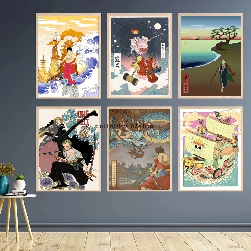 Una pieza que rodea el Anime Retro Luffy Zoro arte lienzo pintura carteles impresión Mural pared del hogar estética decoración de la habitación regalo