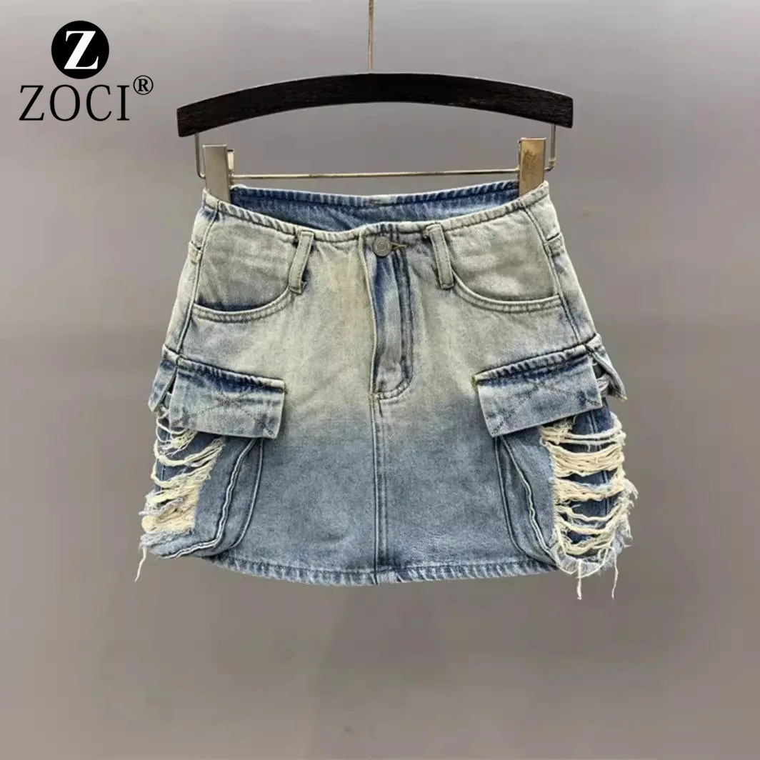 

[zoci] Personalized High Waisted Gradient Denim Short Skirt Summer Fashion, Large Pocket Age Reduction, Perforated