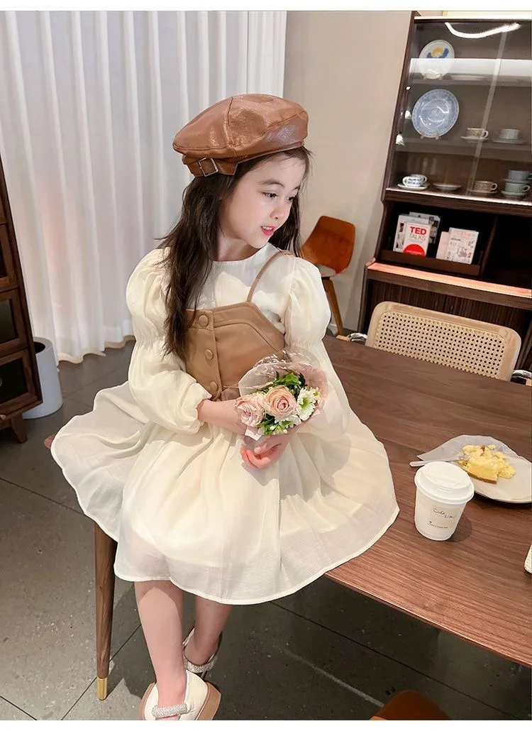 Frühling Herbst Mädchen Kleid Set Langarm Kinder Retro Pu Leder Weste Kleid Set Teenager-Mädchen Kleidung Anzug 4 6 8 12y – Detail 3