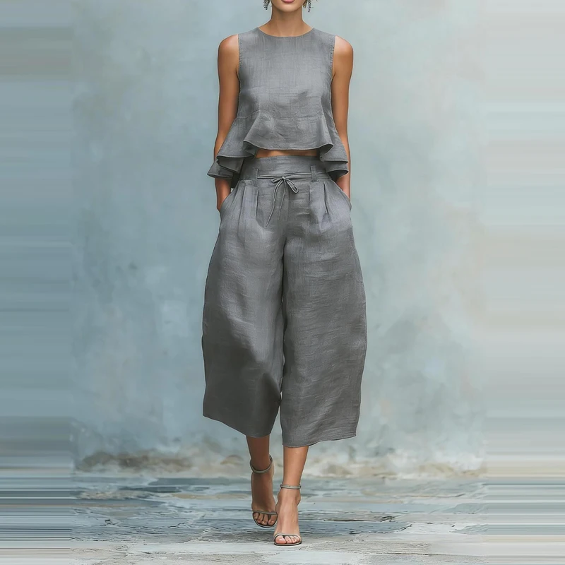 

Women Elegant Hight Waist Solid Long Pant Suit Fashion Simple Cotton Linen 2Pc Outfit Casual O-neck Pullover & Wide Leg Pant Set