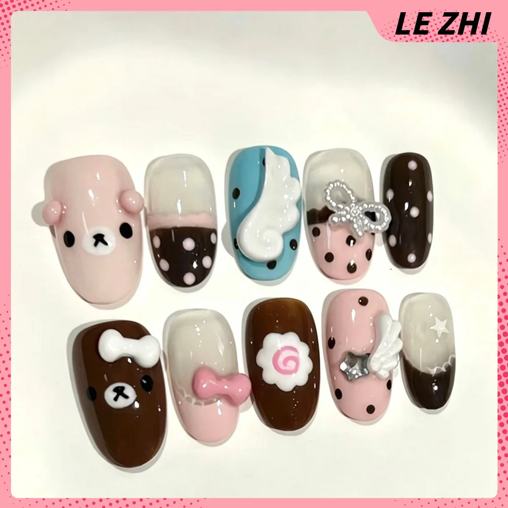 Y2K Retro Niedliche Cartoon-Bären Rilakkuma Sterne Punkt Ellipse Künstliche Nägel 3D Flügel Schleife Diamant Aufklebenägel Handaccessoires Geschenk