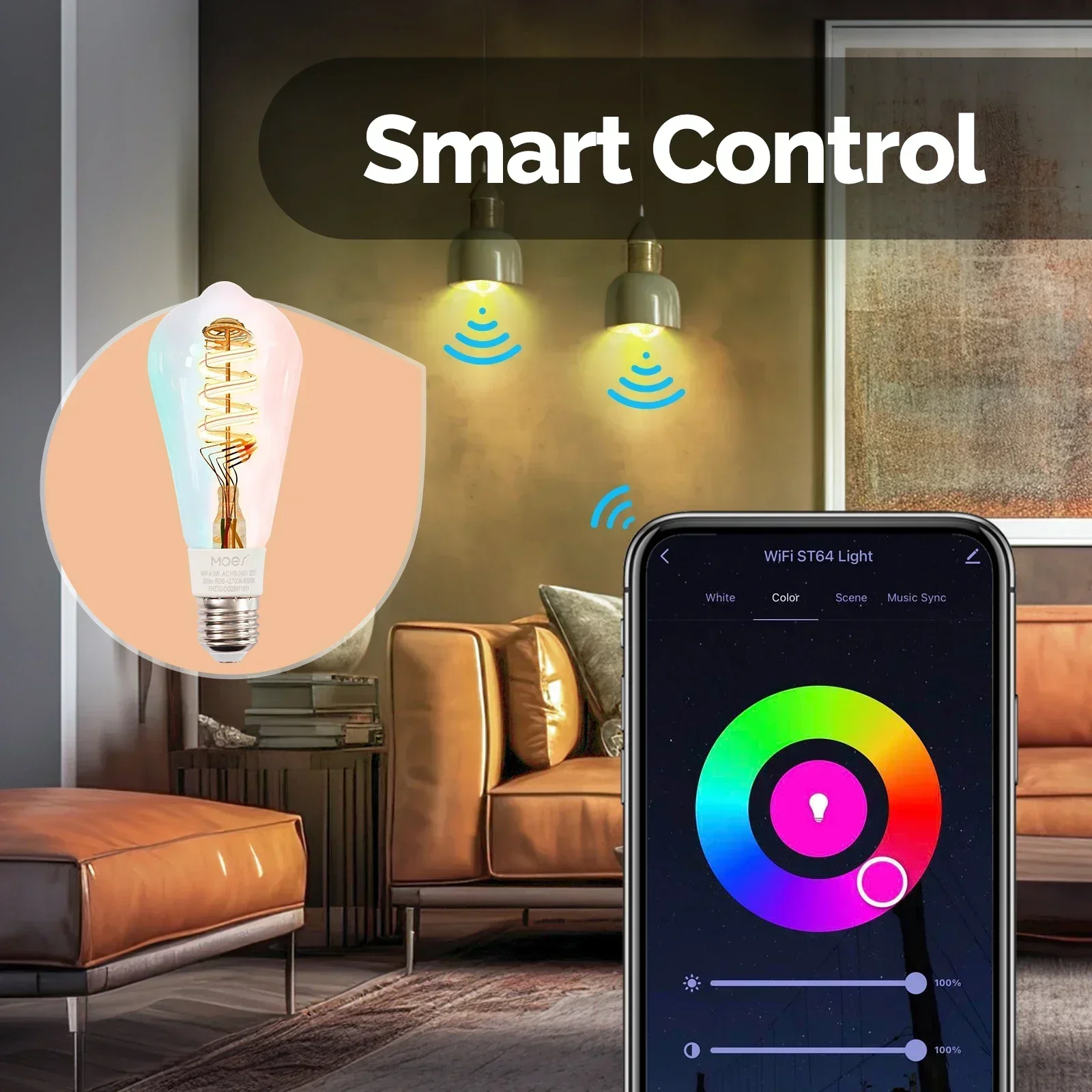 MOES Tuya lampu LED WiFi Smart ST64 Edison, 16 juta perubahan warna RGB 2700K-6500K dapat diredupkan bekerja dengan Alexa/Google Home