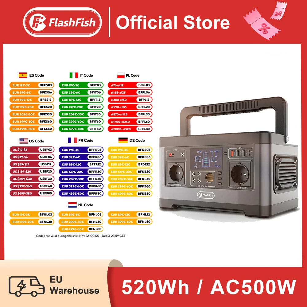 FF Flashfish 230V 500W Solar Generator 520Wh AC Portable Outdoor Power Station Large Capacity Lithium Batterie High Power Supply